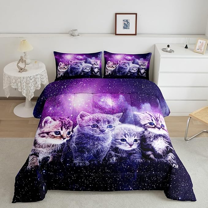 Feelyou Cat Comforter Cute Pet Cats Pattern Bedding Set Outer Space Kawaii Kitten Comforter Set for Children Kids Boys Girls 3D Animal Theme Galaxy Duvet Set Room Decor Quilt Set Twin Size