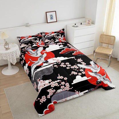 Japanese-Style Comforter Set Full Size Crane Printed Cherry Blossoms Decor Down Comforter, for Adult Women Girls Teens Japanese Traditional Pattern Quilted Duvet Ukiyoe Theme Bedding Comforters