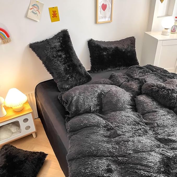 Faux Fur Kids Girls Black Comforter Sets Twin/Full - 3PC Bed Set Warm Comfortable Soft Plush Flannel Velvet Fluffy Fuzzy Bedding（Comforter x 1 Pillowcases x 2）