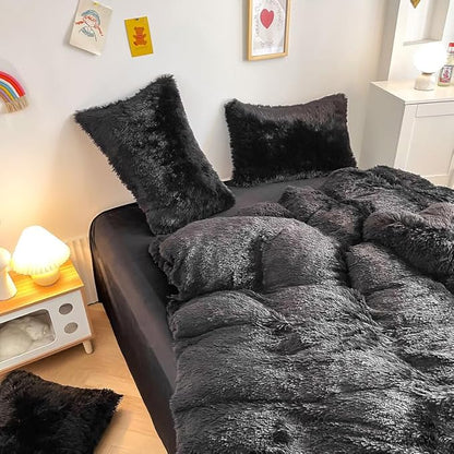 Faux Fur Kids Girls Black Comforter Sets Queen - 3PC Bed Set Warm Comfortable Soft Plush Flannel Velvet Fluffy Fuzzy Bedding（Comforter x 1 Pillowcases x 2）