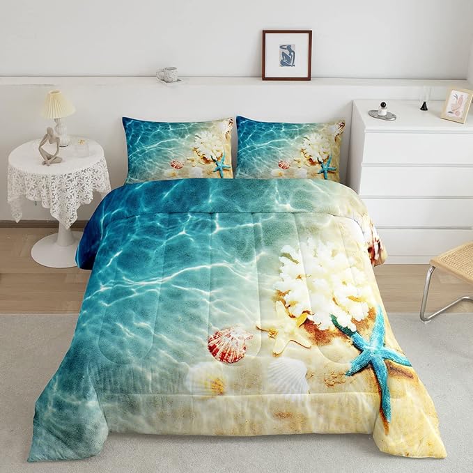 Ocean Comforter Set Full Beach Bedding Set Coastal Nature Theme Pattern Teal Duvet Set Boys Girls Hawaiian Quilt Sets Sea Wave Animals Starfish Reversible Comforter Set 2 Pillowcases, Blue Room Decor