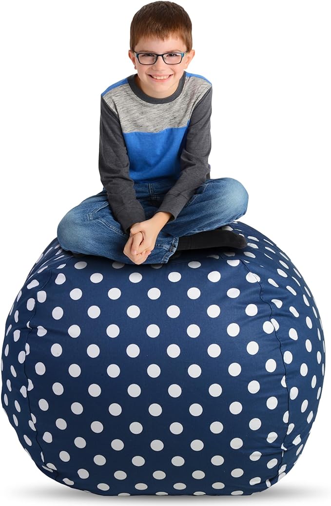 Creative QT Stuff ’n Sit Large 33’’ Bean Bag Storage Cover for Stuffed Animals & Toys – Navy Blue Polka Dot – Toddler & Kids’ Rooms Organizer – Giant Beanbag Great Plush Toy Hammock Alternative