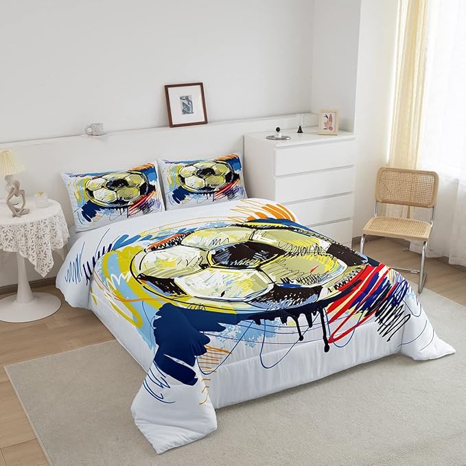 Erosebridal Soccer Bedding Set Queen Size Kids Football Comforter Set Sports Games Bed Comforter Set for Teen Girls Room Decor Colorful Hip Hop Graffiti Quilt Duvet Insert 2 Pillow Cases