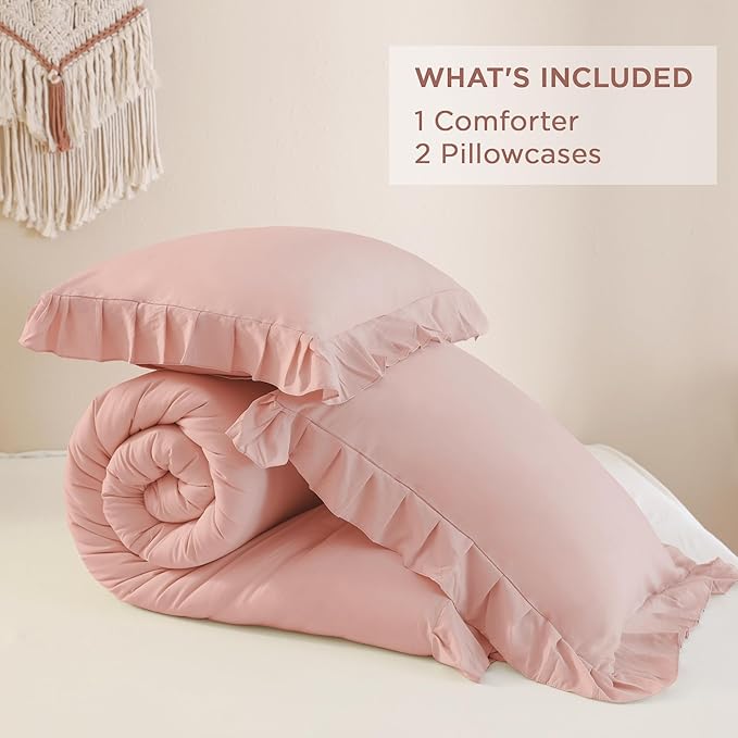 Andency Blush Pink Ruffle Comforter Queen, 3 Pieces Rustic Farmhouse Shabby Chic Comforter, All Season Soft Microfiber Down Alternative Bedding Comforter Set