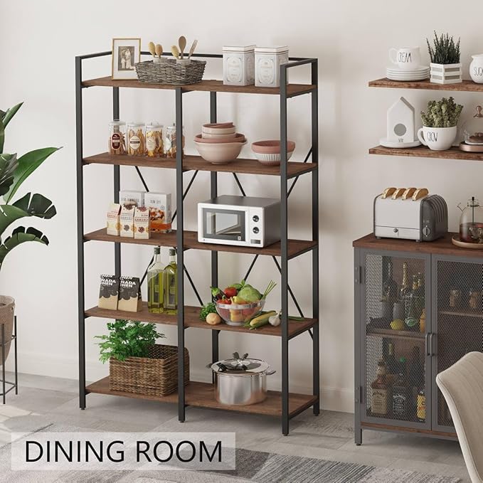BON AUGURE Industrial Bookshelves and Bookcases, Farmhouse Large Book Shelves, 5 Tier Heavy Duty Open Bookcase, Tall Wood Metal Shelving Unit for Living Room, Bedroom, Office (Rustic Oak)