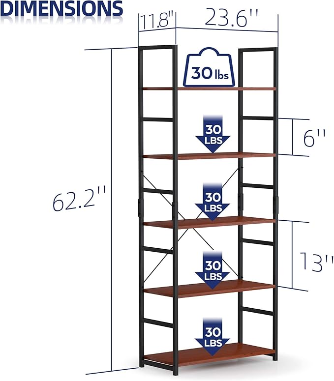 NUMENN 5 Tier Bookshelf, Tall Bookcase Shelf Storage Organizer, Modern Book Shelf for Bedroom, Living Room and Home Office, Teak