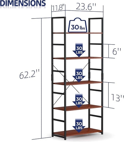 NUMENN 5 Tier Bookshelf, Tall Bookcase Shelf Storage Organizer, Modern Book Shelf for Bedroom, Living Room and Home Office, Teak