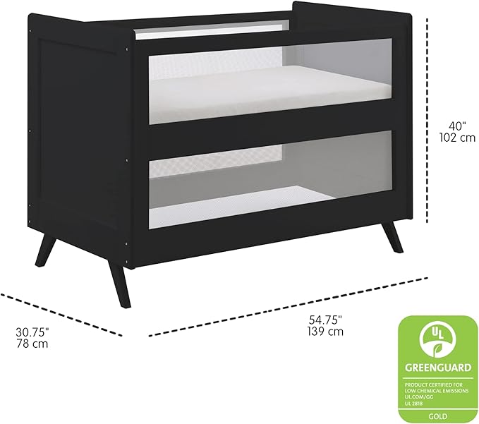 BreathableBaby Breathable Mesh 3-in-1 Convertible Crib (Toddler Bed Kit Sold Separately) — Black — Two Adjustable Mattress Heights — Greenguard Gold Certified