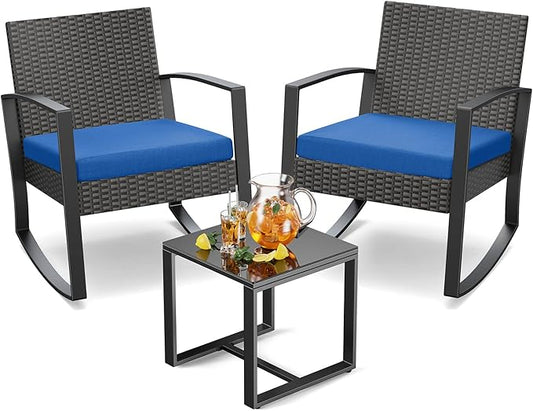 Patio Furniture Set 3 Pieces, Rattan Rocking Patio Chairs, Modern Outdoor Bistro Table and Chairs Conversation Set for Balcony Porch Garden Yard Poolside, Blue