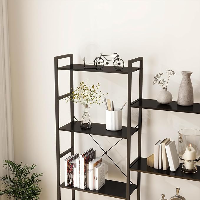 Panana Triple 4 tier bookshelf, Industrial Bookcase with 11 Open Display Shelves Wide Book Shelf Book Case with Metal Frame for Living Room Home Office (Black)