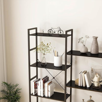 Panana Triple 4 tier bookshelf, Industrial Bookcase with 11 Open Display Shelves Wide Book Shelf Book Case with Metal Frame for Living Room Home Office (Black)