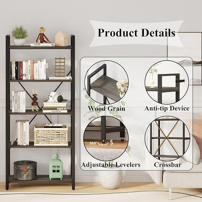 FATORRI 5 Tier Industrial Bookshelf, Rustic Etagere Bookcase for Display, Vintage Shelving Unit Wood and Metal Tall Book Shelves for Home Office (Walnut Brown)