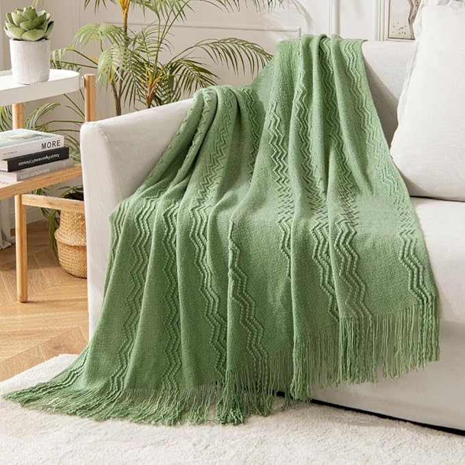 MIULEE Sage Green Knitted Throw Blanket for Couch Textured Spring Knit Blanket with Tassels Cozy Woven Boho Bed Blanket for Sofa Bed Chair Acrylic Wave Pattern 50"x60"