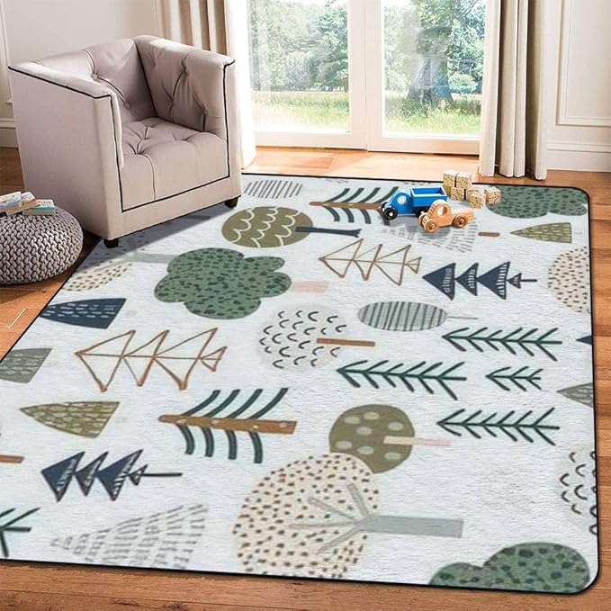 Soft Kids Play Area Rugs 3D Home Woodland Seamless Trendy Forest Texture Abstract Hand Drawn Tree Plush Rugs Non Slip Shaggy Carpets for Kids' Bedroom Classroom Playroom Nursery Décor 5'x8'