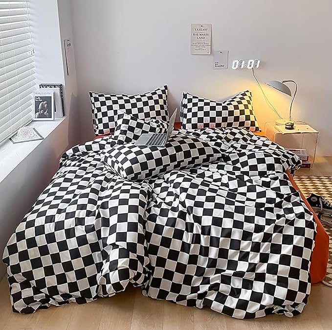 Black White Grid Comforter Set Cal King Black Plaid Bedding Set Women Black and White Checkered Bed Comforter Set Breathable Blanket Set Men Durable Bedding Comforter Set