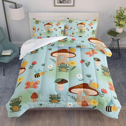 Datura home Cartoon Mushroom House Kids Comforter Bedding Set for Boys Girls, Green Grassland and Cute Frog Bee Print Comforter with 2 Pillowcases(Mushroom House Full)