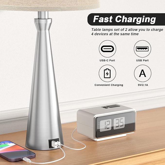 Acaxin Lamps for Bedrooms Set of 2 - Nightstand Lamps with USB C Port Charging, 3 Way Dimmable Touch Small Bed Side Table Lamp, Beige Night Stand Light for Kids/Guest Room