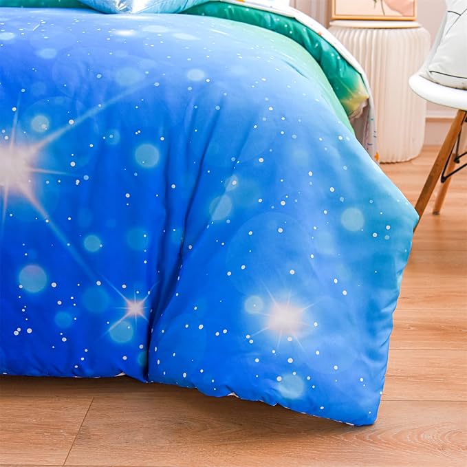 A Nice Night 6Pcs Gradient Glitter Bedding Set for Girls, Colorful Rainbow Galaxy Comforter Set, Ultra Soft Bedding Sets (Blue-Green,Queen 6Pcs)