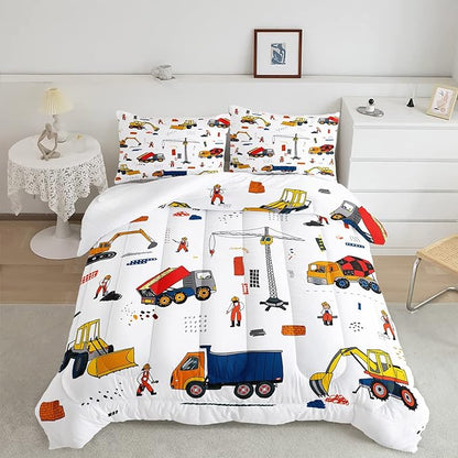CVHOUSE Tractor Bedding Sets for Boys,Excavators Comforter Queen,Boys Cartoon Truck Comforter Set,Trucks Tractors Cars Quilt Set with 1 Comforter and 2 Pillow Cases- 3 Piece
