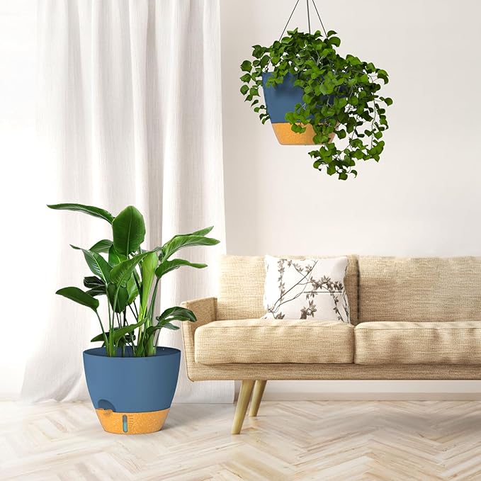 ZMTECH 12 Inch Hanging Planters for Indoor Plants & Outdoor - 2 Pack Self-Watering Hanging Pots with Drainage Holes, Visual Reservoir, Plastic Hanging Baskets Flower Pots with Removable Saucer, Blue