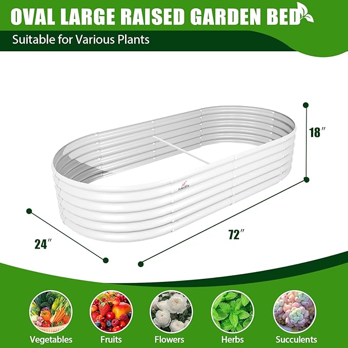 A ANLEOLIFE 6X2X1.5 ft Galvanized Raised Garden Beds Outdoor, Oval Round Metal Planter Box for Planting Vegetables Flowers Herb, Anti-Rust & Easy-Setup, Antique White