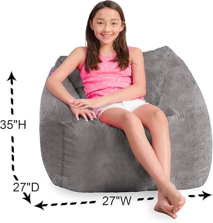 Posh Creations Structured Comfy Bean Bag Chair for Gaming, Reading, and Watching TV, Coronado Chair, Rabbit Fur - Gray, Faux Rabbit Fur - Gray