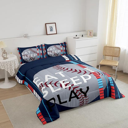 Feelyou Baseball Comforter Set Sports Game Bedding Set for Boys Girls Baseball Gaming Blue Stripe Comforter Gift for Baseball Softball Lover Room Decor Queen Size Quilt Boys