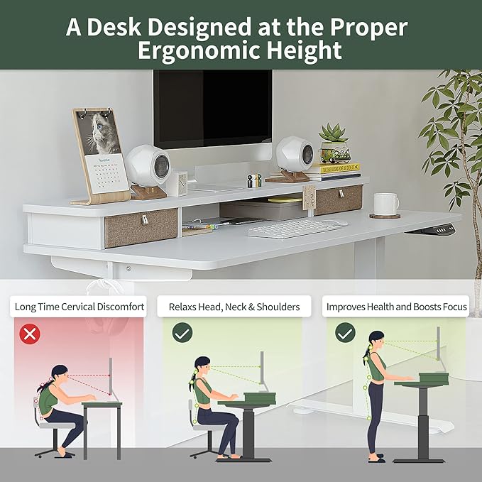 FEZIBO 60 x 24 Inch Height Adjustable Electric Standing Desk with Double Drawer, Stand Up Desk with Storage Shelf, Sit Stand Desk, White