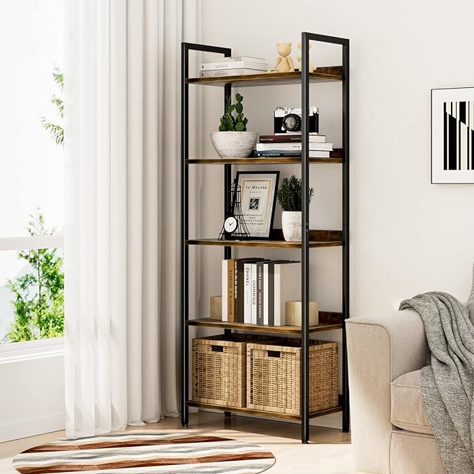NUMENN Bookshelf, 5 Tier Bookshelves, Home Office Bookcase Shelf Storage Organizer, Free Standing Storage Shelving Unit for Bedroom, Living Room and Home Office, Vintage