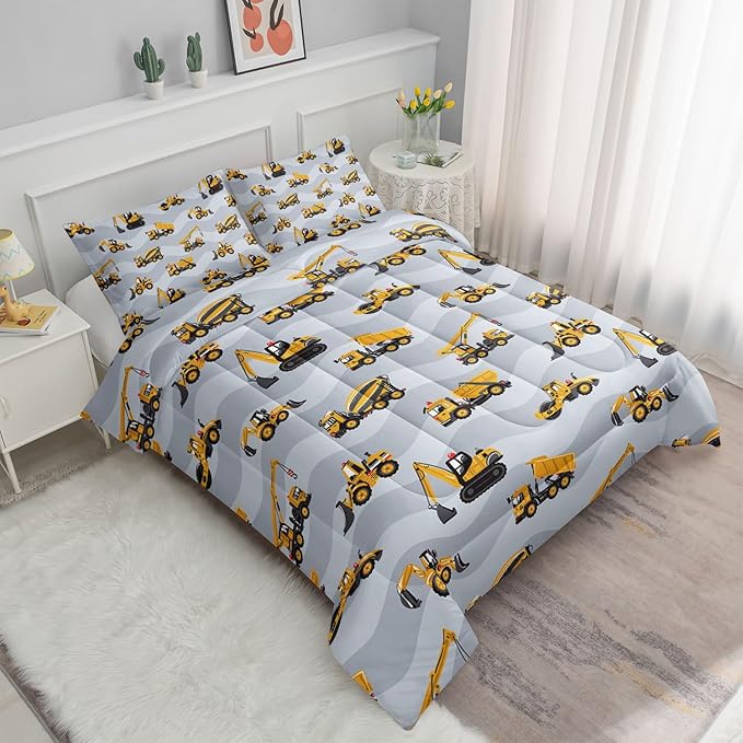 Datura home Construction Truck Comforter Set for Boys Kids Children,Grey Machinery Truck Excavators Vehicles Cartoon Tractor Bedding with 1 and 2 Pillowcases(Truck Grey Twin), Twin 68x86inches