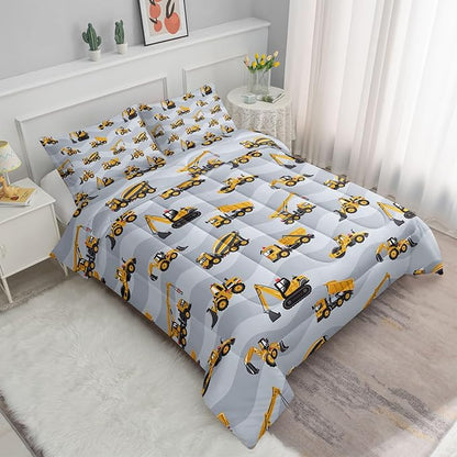 Datura home Construction Truck Comforter Set for Boys Kids Children,Grey Machinery Truck Excavators Vehicles Cartoon Tractor Bedding with 1 and 2 Pillowcases(Truck Grey Twin), Twin 68x86inches