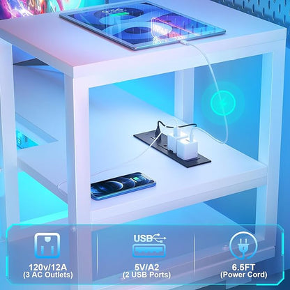 Gaming Desk with Lights & Power Outlets, 39.4' Computer Desk with Shelves, Small Desk for Small Space, Writing Desk with Monitor Stand, White