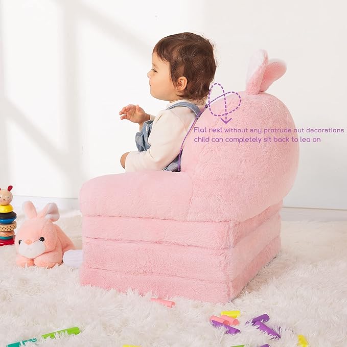 Kids Couch Fold Out Soft Toddler Chairs,Toddler Armrest Chair Bed for Play,Gift for 0-3 Years,Pink Bunny