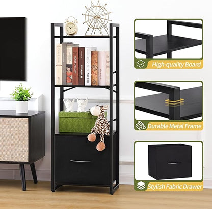 Yoobure Bookshelf, 4 Tier Book Shelf with Drawer, Small Bookcase Narrow Book Case, Industrial Bookshelves Shelf for Bedroom Living Room Office, Book Storage Organizer for CD/Movie Black