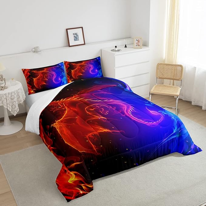 Erosebridal Dragon Comforter Set Nebula Bedding Set Twin Size Mysterious Outer Space Quilted Duvet Trippy Duvet Set for Kids Boys Girls Teens Young Man Room Decorative, Blue Red