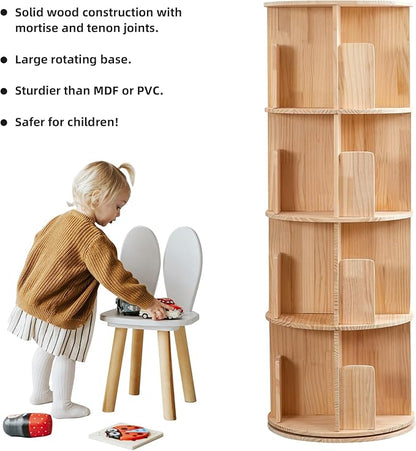 4 Tier Rotating Bookshelf 360 Display, Spinning Bookshelf Tower for Kids, Side Table, Floor Standing Bookcase Dtorage Rack, Circular Bookshelf Rotating for Living Room Study Room Office