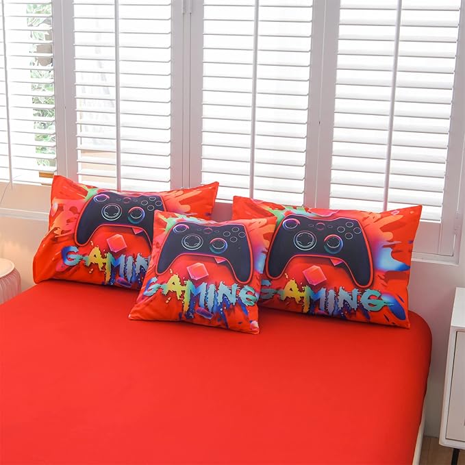 Aimuan Gaming Comforter Sets for Boys Kids Bedding Sets Video Games Console Action Buttons Novelty Colorful Game Gamepad Controller Modern Gamer Room Decor Home Quilt Set (Queen 6 Pcs,Red)