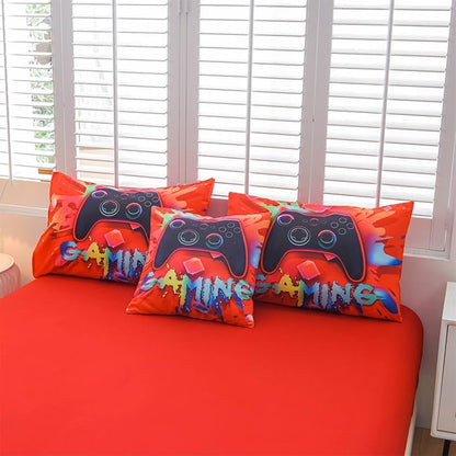 Aimuan Gaming Comforter Sets for Boys Kids Bedding Sets Video Games Console Action Buttons Novelty Colorful Game Gamepad Controller Modern Gamer Room Decor Home Quilt Set (Queen 6 Pcs,Red)