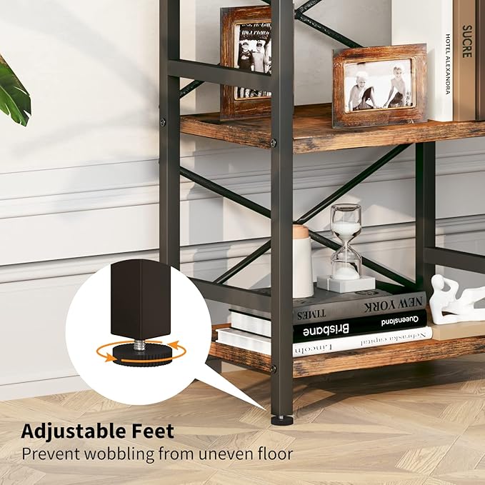 Bookshelf, 3 Tier Industrial Bookcase, Metal Small Bookcase, Rustic Etagere Book Shelf Storage Organizer for Living Room, Bedroom, and Home Office(Rustic Brown) Patent Pending D29873033