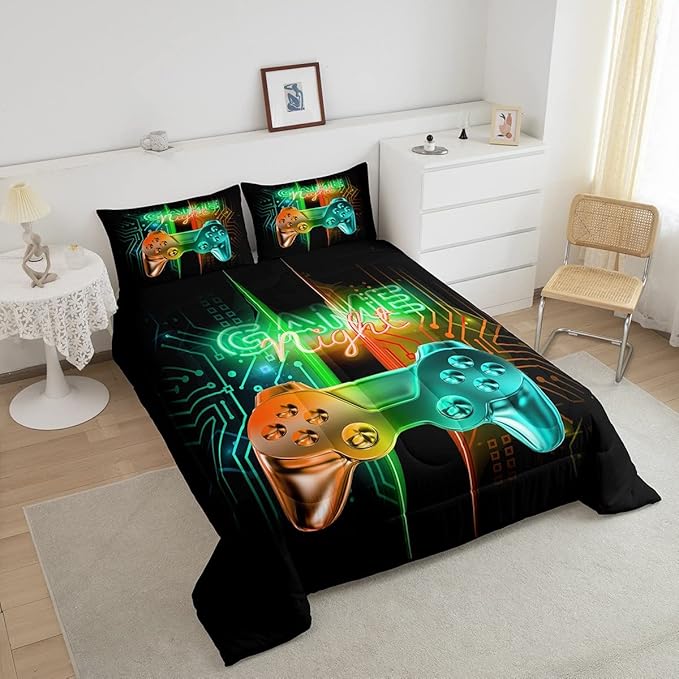 Feelyou Gamer Comforter Kids Gaming Video Game Comforter Set for Boys Teens Noverlty Modern Gamepad Bedding Set Breathable Gamer Console Bedding Duvet Set Bright Orange Green Room Decor Queen Size