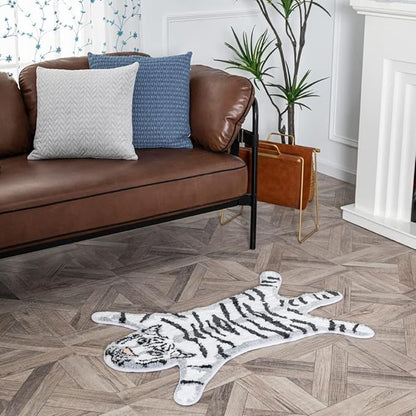 Tiger Shaped Bathroom Rug Animals Bath Mat Rug Non-Slip Bathroom Door Mat for Bedroom Bathroom Kitchen Cartoon Rug for Bathroom Tub Soft Bathmat Home Decor (65x98cm/25.6x38.6in) White