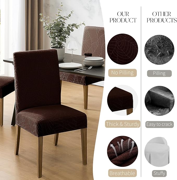 MOSAYT 100% Waterproof Dining Room Chair Covers Set of 4, Super Fit Stretch Jacquard Parson Chairs Slipcovers Removable Washable Chair Seat Protectors for Home, Kitchen, Banquet (Chocolate)