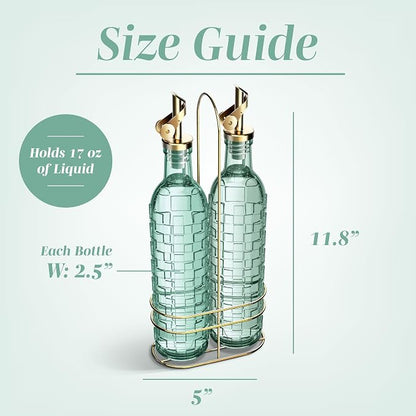 COOK WITH COLOR Glass Olive Oil Bottle Dispenser - 2 Pack- 17oz Oil and Vinegar Cruet - Olive Oil Carafe Decanter for Kitchen, Checkered, Green