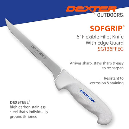 Dexter Outdoors SOFGRIP 6" Fillet Knife with Edge Guard, Stainless | High-carbon American stainless blade sized for panfish. Corrosion resistant with soft non-slip grip, edge guard included.