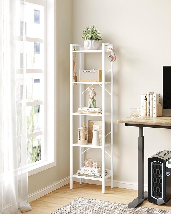 Bookshelf, Book Shelf, Industrial Bookcase with 2 Hooks, Coner Shelf Storage Organizer for Home Office, Living Room, Bedroom, Kitchen, 5-Tier White BC10513W