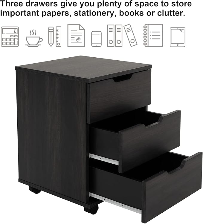 Farini 3-Drawer Vertical Filing Cabinet Rolling Wood Mobile File Cabinets Under Desk for Home Office with Casters (Dark Walnut, Fully Assembled)