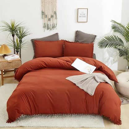 Burnt Orange Comforter Set King Size Rust Pom Comforter 3 PCs Burnt Orange Boho Ball Pom Fringe King Comforter Bedding Set Women Solid Terracotta King Bed Comforter Set All Season Gift