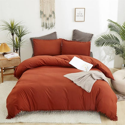 Burnt Orange Comforter Set Queen Size Rust Pom Comforter 3 PCs Burnt Orange Boho Ball Pom Fringe Queen Comforter Bedding Set Women Solid Terracotta Queen Bed Comforter Set All Season Gift