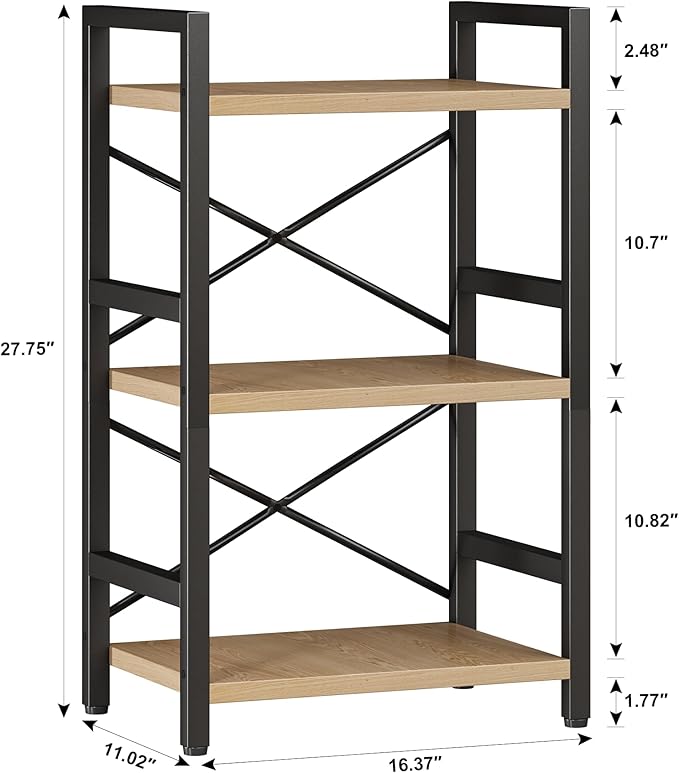 Bookshelf, 3 Tier Industrial Bookcase, Metal Small Bookcase, Rustic Etagere Book Shelf Storage Organizer for Living Room, Bedroom, and Home Office(Light Coffee) Patent Pending D29873033