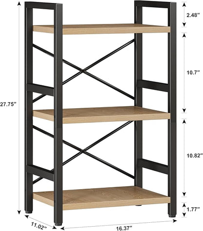 Bookshelf, 3 Tier Industrial Bookcase, Metal Small Bookcase, Rustic Etagere Book Shelf Storage Organizer for Living Room, Bedroom, and Home Office(Light Coffee) Patent Pending D29873033